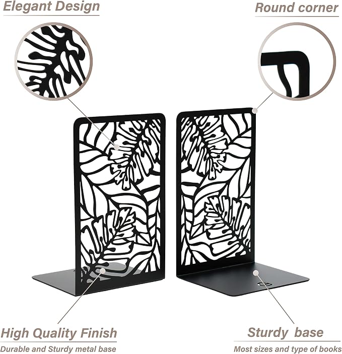 CNK Premium Metal Book Ends - Heavy Duty Book Stoppers for Home Office - Black