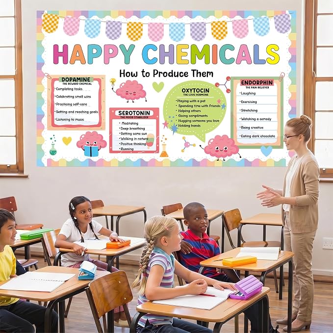 Mental Health Bulletin Board Set Happy Chemicals Poster Classroom Decoration Back to School Pastel Bulletin Boards Mental Wellness Paper Cutouts for Nurse Teacher Office Home Chalkboard Wall Decor