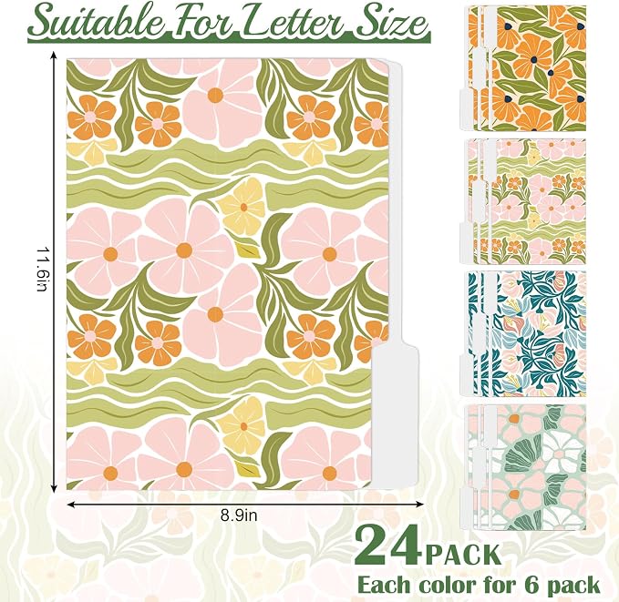 Whaline 24 Pack Boho Floral File Folders Letter Size Abstract Modern Flower File Pockets with 1/3 Cut Tab for Home Office Classroom Supplies, 8.9 x 11.6 Inch