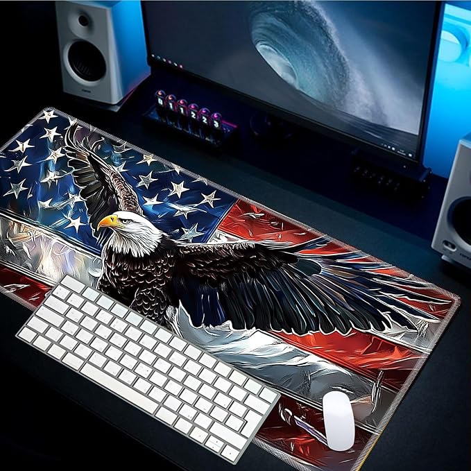 Mouse Pad Gaming Mousepad 31.5x11.8 Inch XXL Large + Coasters,Desk Mat with Stitched Edges, Non-Slip Rubber Base, Thick Mouse Pad for Computer, Laptop, Office & Home - American Flag Eagle