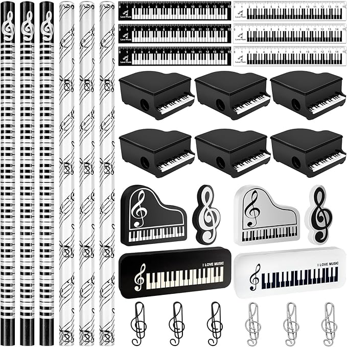 30 Pcs Music Pencil Stationery Set Back to School Gift Piano Prizes Music Note Pencil Paper Clips Rulers Piano Pencil Sharpeners Erasers Music Themed Gifts for Classroom First Day of School