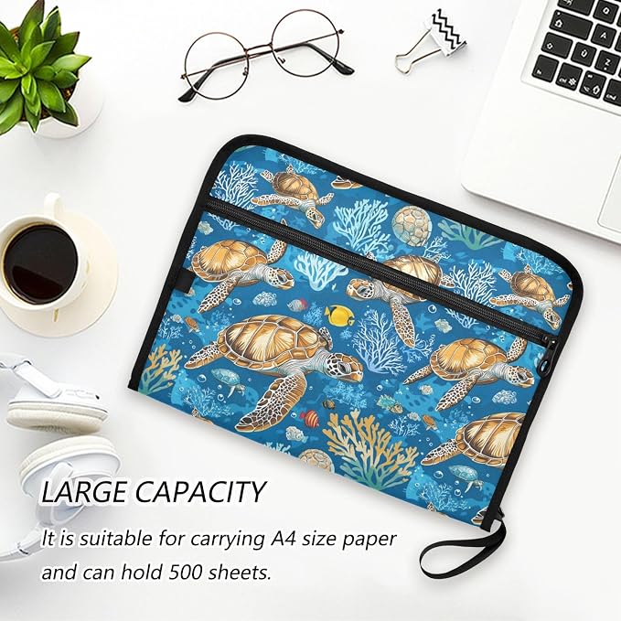 Sea Turtle Fish File Folders, Plastic Folders with 13 Pockets, Expandable File Folder for Documents School Students Office, Aesthetic Folder with Labels A4 Letter Size