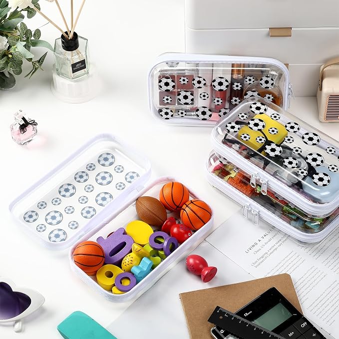 Hoolerry 4 Pcs Soccer Clear Hard Zipper Case Transparent Storage Pouch for Sports Party Favor Soccer Ball Team Gifts Durable Plastic Organizer Box Container for Travel, Office Supplies, Small Tools