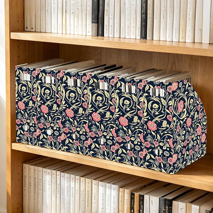 Foldable magazine folders for documents 9x12 inches, desk file organizer 3 Pack storage file boxes for Home School Office, William Morris Style Floral Dark Blue Peach