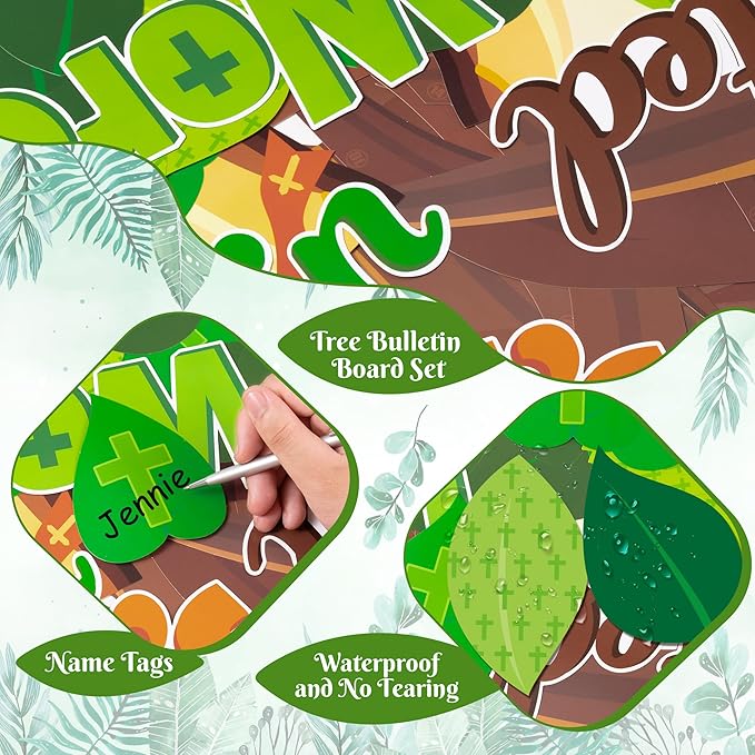 CY2SIDE Leaves Bible Tree Bulletin Board - 86PCS Rooted in God’s Word Tree Bulletin Board Set Green Leaves Name Tag Trees Cutouts Trim Borders for Faith Religious Sunday School Wall Decor