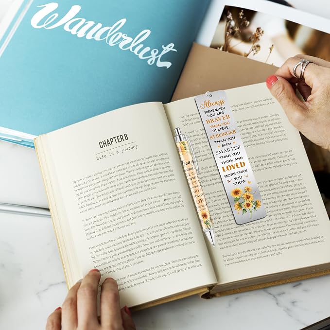 Inspirational Sunflower Bookmarks and Pen Set, Bookish Gifts for Reading Women Teens Girls Book Lovers
