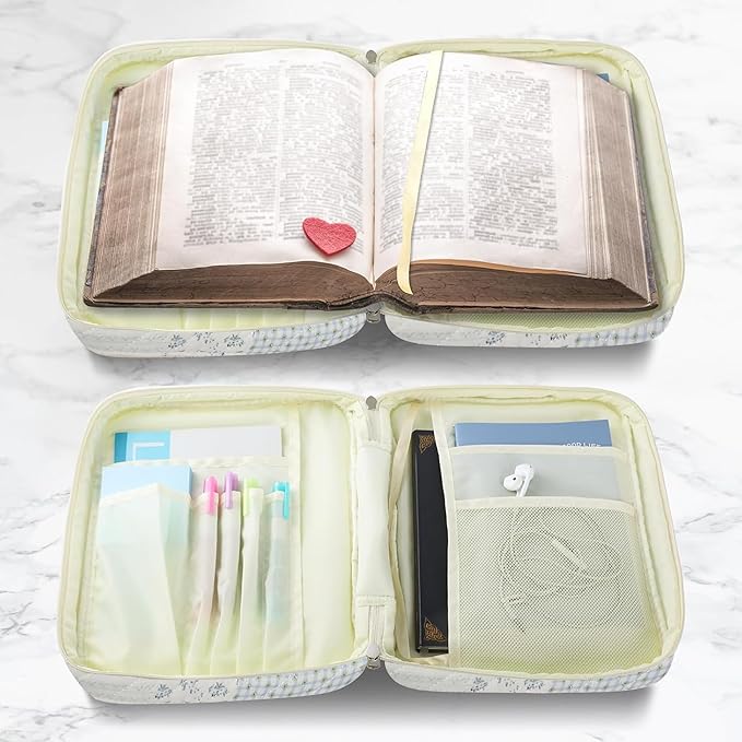 WOBAGMEN Bible Cover Case for Women,Large Bible Tote Bags Organizer Quilted Carrying Case for Girls,Bible Study Supplies Accessories Christian Gifts for Women (greenblue pin, M)