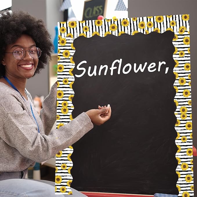 75Ft Sunflower Bulletin Board Border Decoration Sets, Summer Back to School Classroom Decor Floral Scalloped Trim Bulletin Border Sunflower Decor for Classroom Home Office Chalkboard Wall Door Window