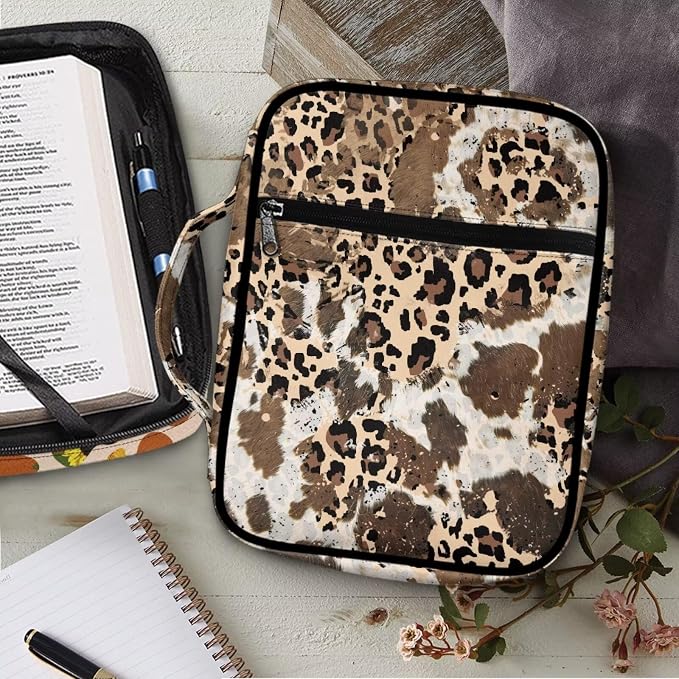 Coldinair Aesthetic Leopard Print Bible Cover for Women Girls Large Bible Case Scripture Study Carrying Book Cover Church Bag Protective with Handle and Zippered Pocket
