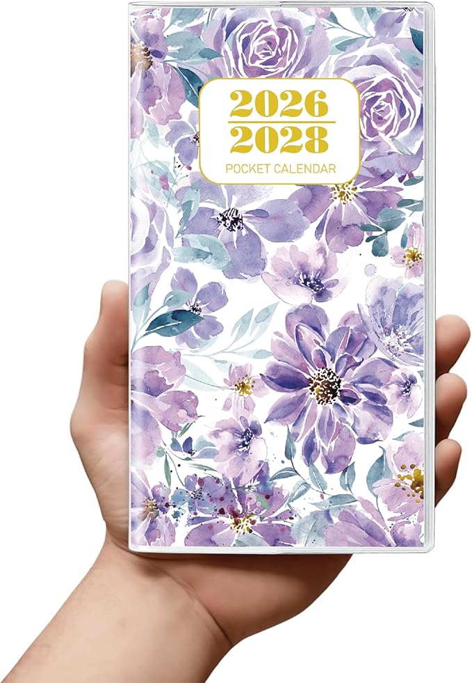 Pocket Calendar 2026-2028 Floral Series, Monthly Planner Jan 2026 to Jul 2028 (3.7" x 6.7") Perfect Purse Calendar, Pocket Agenda with Protective Plastic Sleeve-Violet Floral