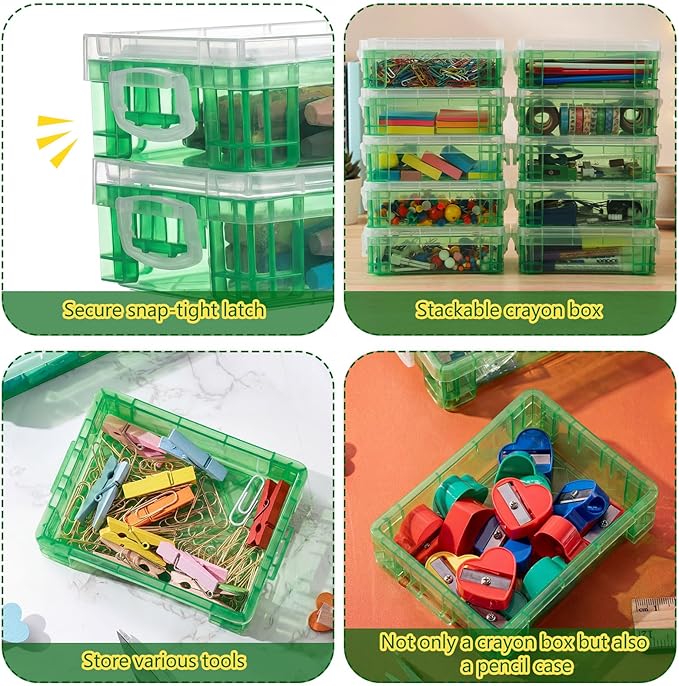 Suzile 40 Pcs Plastic Crayon Boxes Holds 24 Crayon with Snap Lid Storage Container Clear Stackable Case for School Office Classroom Supplies Pen Pencil Craft(Turquoise)