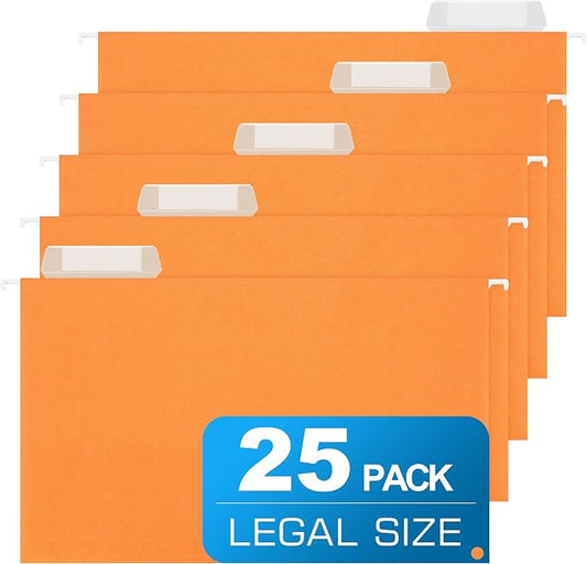 Legal Size Hanging File Folders,25 Packs Legal Hanging File Folders,Orange Legal Size Hanging Folders,9.2'' × 14.8'',Hanging Folders for Filing Cabinet,1/5 Adjustable Tabs for Office,School,Home