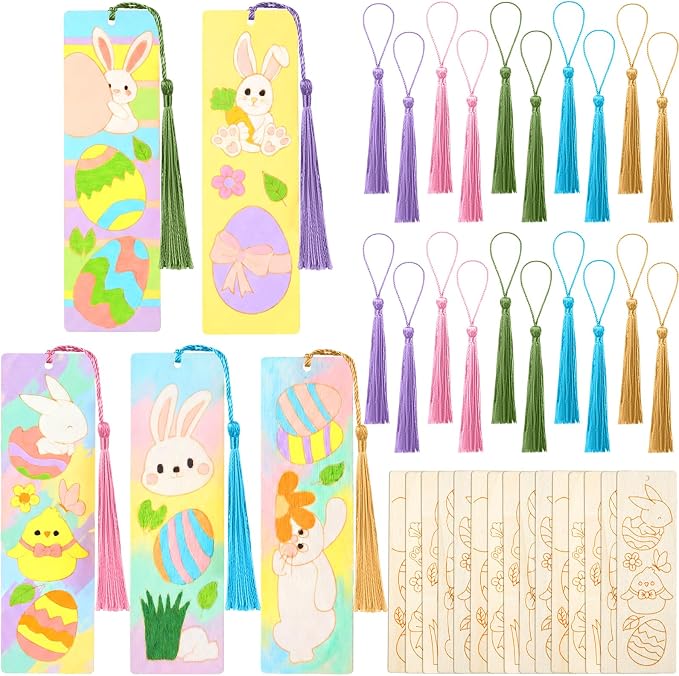 AmazingSpark 100 Pcs Easter Wood Bookmarks Bulk DIY Crafts Kit, 50 Set Blank Easter Bunny Coloring Bookmarks with Tassel for Classroom Gifts Exchange Activity Reading Party Favor Reward Goodie Fillers