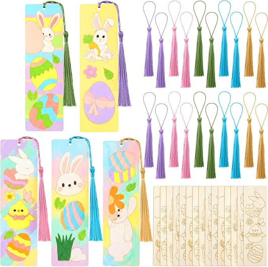 AmazingSpark 100 Pcs Easter Wood Bookmarks Bulk DIY Crafts Kit, 50 Set Blank Easter Bunny Coloring Bookmarks with Tassel for Classroom Gifts Exchange Activity Reading Party Favor Reward Goodie Fillers