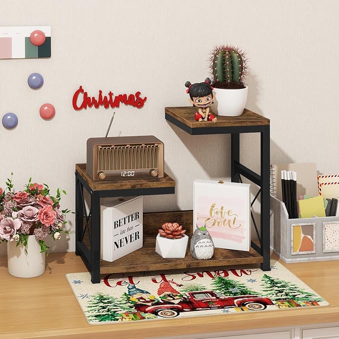 ELITEROO Desktop Shelf Organizer, 3 Tier Office Shelves, Wood Desk Organizers Storage Rack and Freestanding Display Shelf for Office, Dormitory, Home, Rustic Brown