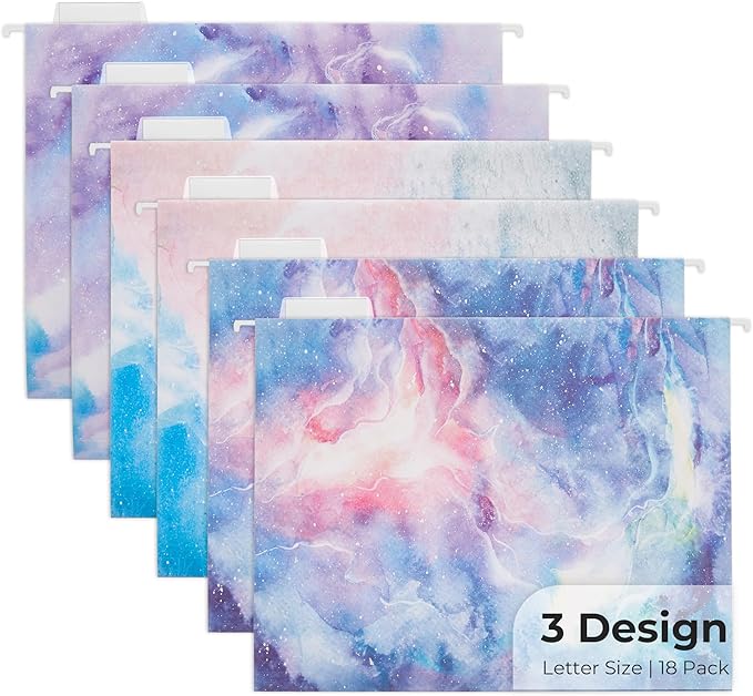 Y YOMA 18 Pack Decorative Hanging File Folders Letter Size Marble Cute Hanging Folder Pretty File Folder Organizer for Filing Cabinet Office Home with 1/5-Cut Adjustable Tabs, 3 Pink Nebula Design