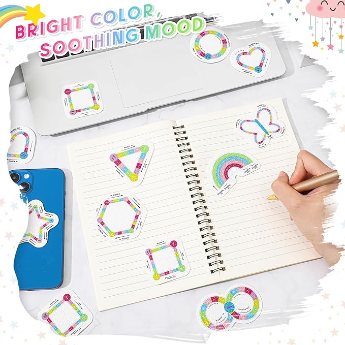 Gersoniel 72 Pcs Anxiety Sensory Stickers Calm Stickers Adhesive Textured Mental Health Strips Mindfulness Fidget Decals Stress Anxiety Relief Items for Desk Therapy Office Counselor(Cute Breathe)