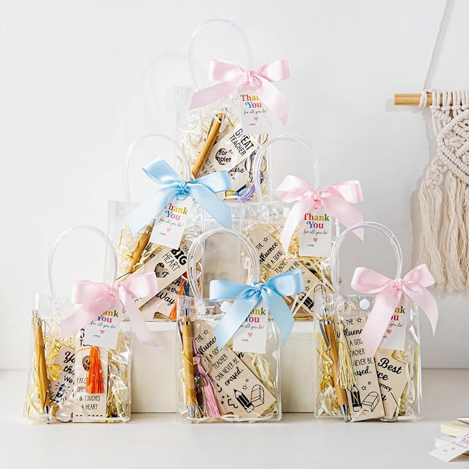 Teacher Appreciation Gifts in Bulk - 4 Pack Desk Gifts for Teachers with Keychains, Bookmarks, Bamboo Pens, Drink Coasters - Thank You Gifts for Teachers - End of Year Teacher Gifts Back to School