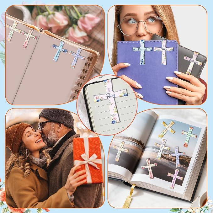 Wxiben Cross Magnetic Bookmarks Gifts - 32 Pcs Christian Floral Magnet Book Page Markers Bible Verse Religious Bookmark Clips for Women Men Book Lovers Reader Office Supplies