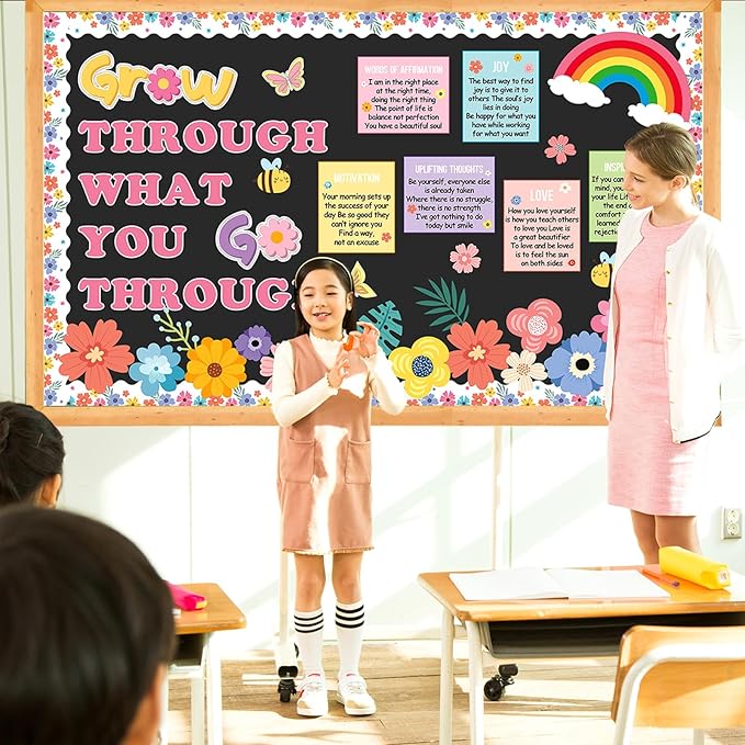 Spring Bulletin Board Decorations Positive Flower Bee Butterfly Paper Cutouts Motivational Grow Through What You Go Through Bulletin Board Set for School Classroom Chalkboard Wall Decoration Favor