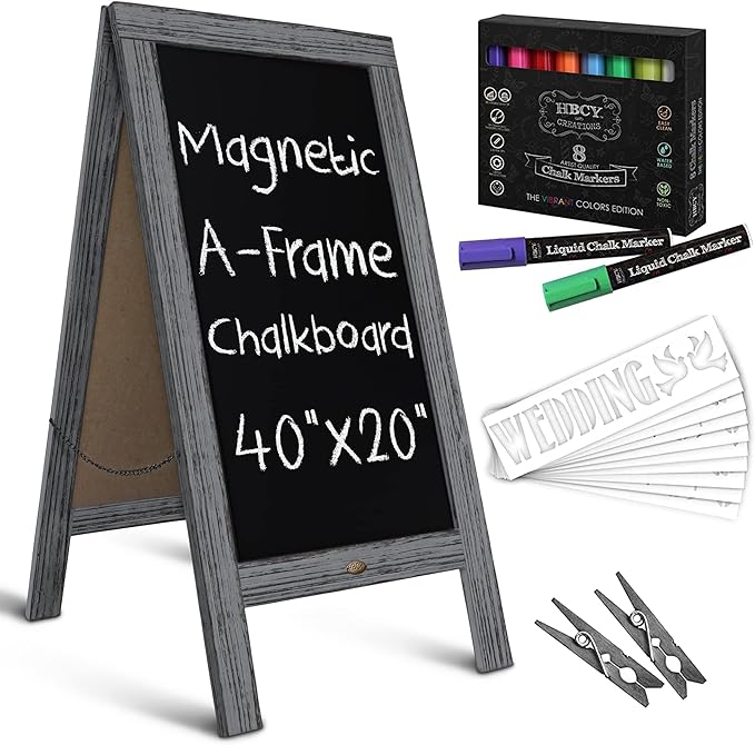 A Frame Chalkboard with Chalk Markers by HBCY Creations: 40x20 Solid Wood A-Frame Sign Gray Double-Sided Magentic Menu Board, Deluxe Set Includes 8 Chalk Markers, 10 Stencils, 2 Magnets