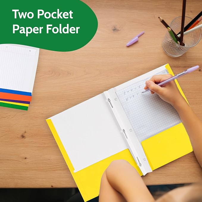 100 Pack Assorted Colors 2 Pocket Paper Folders. EPI Heavy Duty, Bulk Folders with Pockets, Prongs and Business Card Slots. Letter Size Document Organizers. Durable Portfolio for School, Office Files