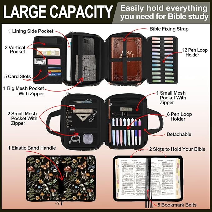 Mushroom Bible Cover Case for Women Large Bible Cover with with Handle & Zippered Pocket Vintage Bible Carrying Case for Girls Bible Study Supplies Accessories, Highlighters,Pens, Cross Clips