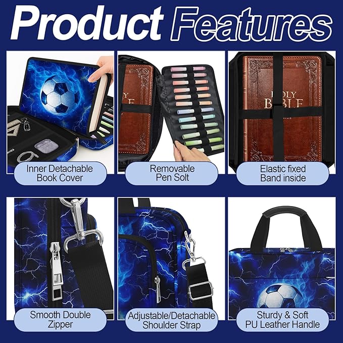 Soccer Large Bible Cover Case for Men Boys, Kids Bible Study Supplies Journaling Kit Book Carrying Case Bible Accessories with Pens Highlighters Cross Clips, Christian Gifts for Men