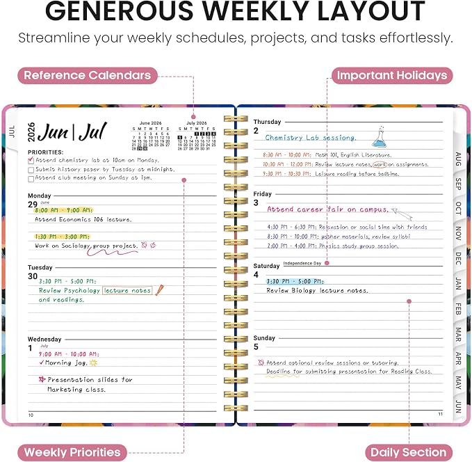 Planner 2026–2027, Academic Year Monthly & Weekly Calendar Book, Jul 2026–Jun 2027, Hardcover Organizer with Tabs, Student & Teacher Planner, 6.3" x 8.5", Vivid Garden