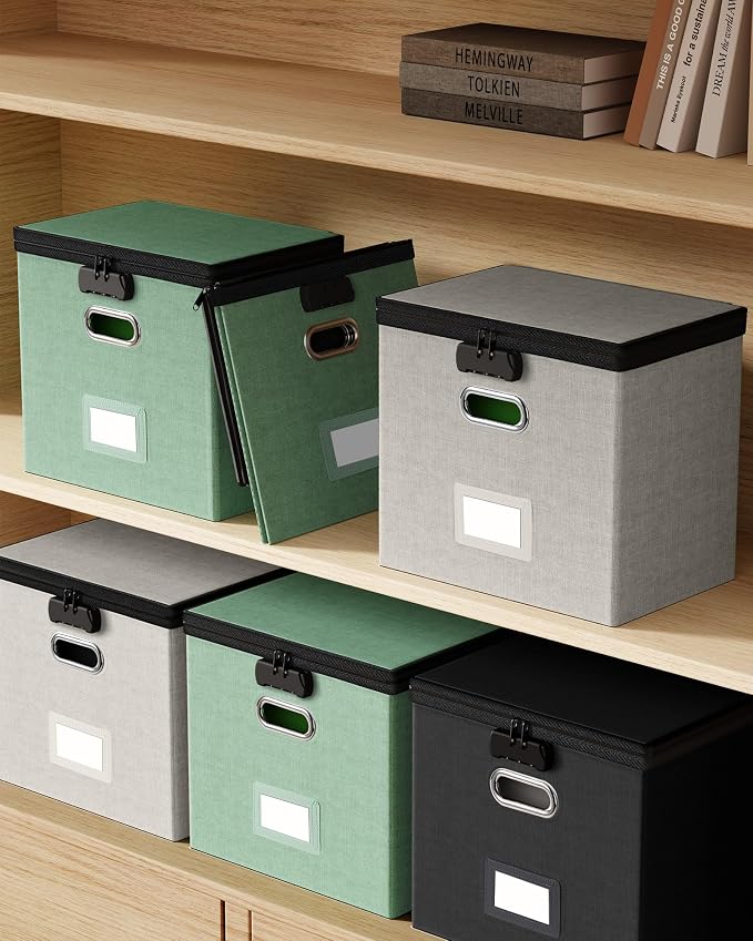 Oterri File Organizer Boxes with Lids, File Box with Mesh Pockets for Letter Size Folders, Lockable Zippers Filing Box for Home,Office, School (Green, Small-L-2 Pack Without Folders)