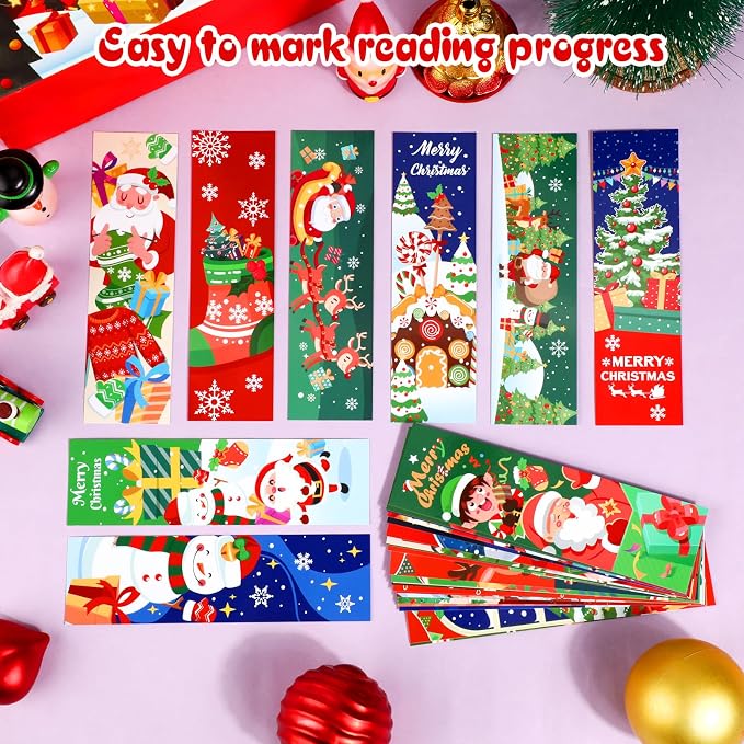 MWOOT 30 Pieces Christmas Paper Bookmarks, Double-sided Page Clips with Santa Claus Design, Creative Xmas Reading Paper Cards for Book Lovers, Student, Classroom Rewards, Party Favors,Gift Bag(15x4CM)
