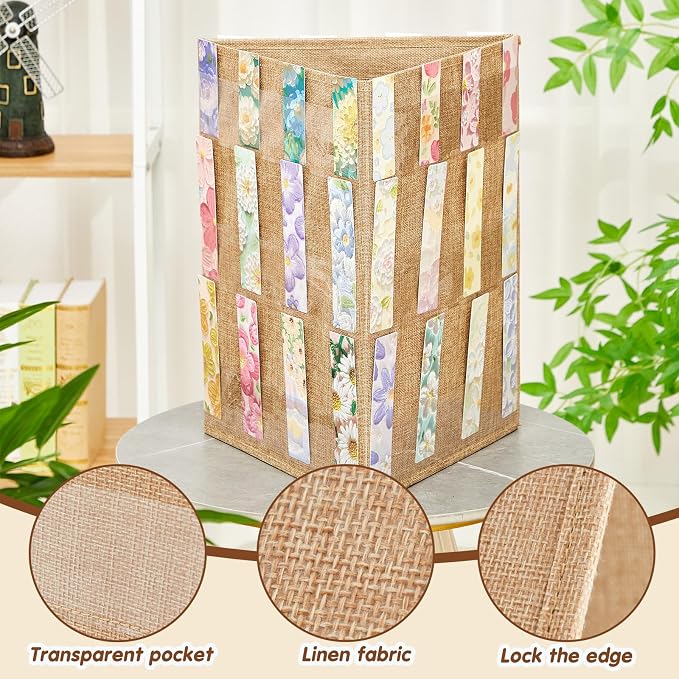 Faccito Bookmark Display Stand, Three-Sided Portable Holder with Multi-View Display, Linen Fabric Desktop Rack for Bookmarks, Valentine-Themed Designs, Craft Fairs, Handmade Vendors