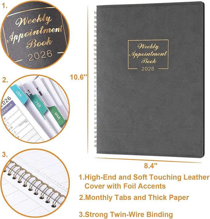 2026 Weekly Appointment Book - Daily Hourly Planner 2026, January 2026 - December 2026, 8.5" x 11", 15-Minute Interval, 12 Monthly Tabs, Flexible Soft Cover - Grey