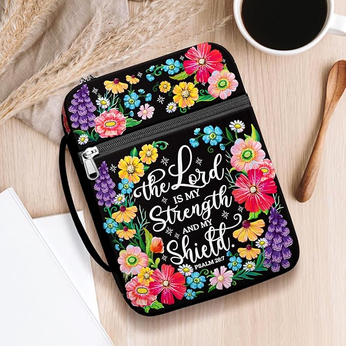 Floral Faith Bible Cover for Women with Handle and Zipper Pocket, Canvas Scripture Case with Psalm Verse, Fits Standard Size Bible, Christian Gift for Mom Daughter Church Use