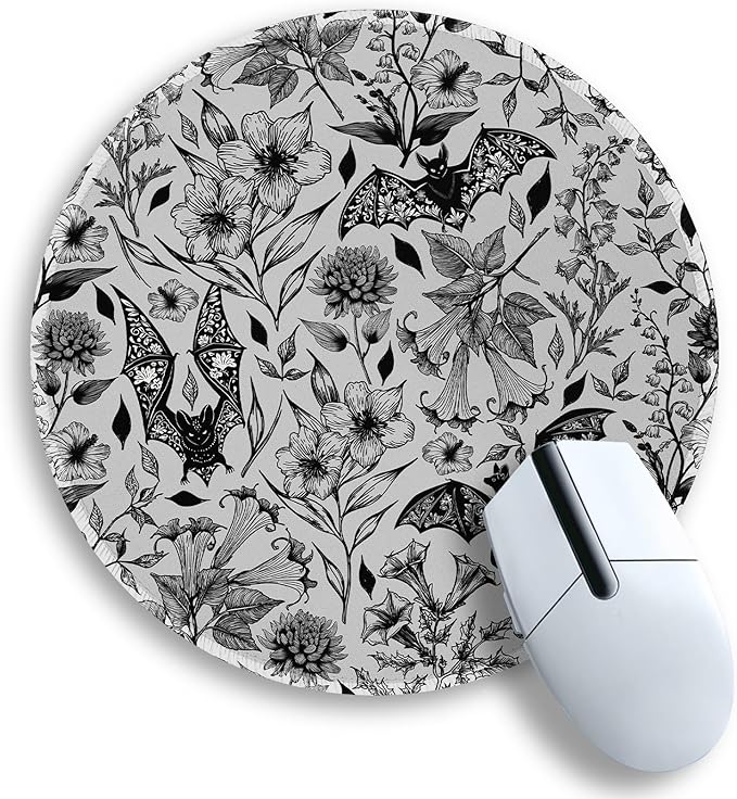 Gctriki Goth Floral Bat Mouse Pad for Desk, Funny Round Mousepad for Computer Laptop Gaming Stitched Edge Non-Slip Rubber Base, Gothic Gifts Home Office Desk Accessories Decor Supplies for Women