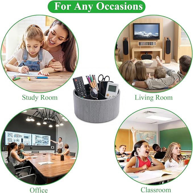 Remote Control Holder, 360°Spinning PU Leather Desk TV Remote Caddy,Desk Storage Box Room Accessories for Controller, Media,Mail,Calculator, Mobile Phone,Pencil(1-Big Thin Grey)