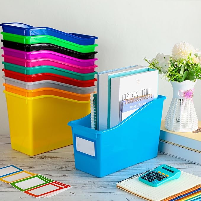 Jinei 24 Pack Multicolor Book Bins for Classroom Decor Bulk Plastic Bins with Name Labels Assorted Color Organization Book Bin Baskets Teacher Storage Boxes for Classroom Office