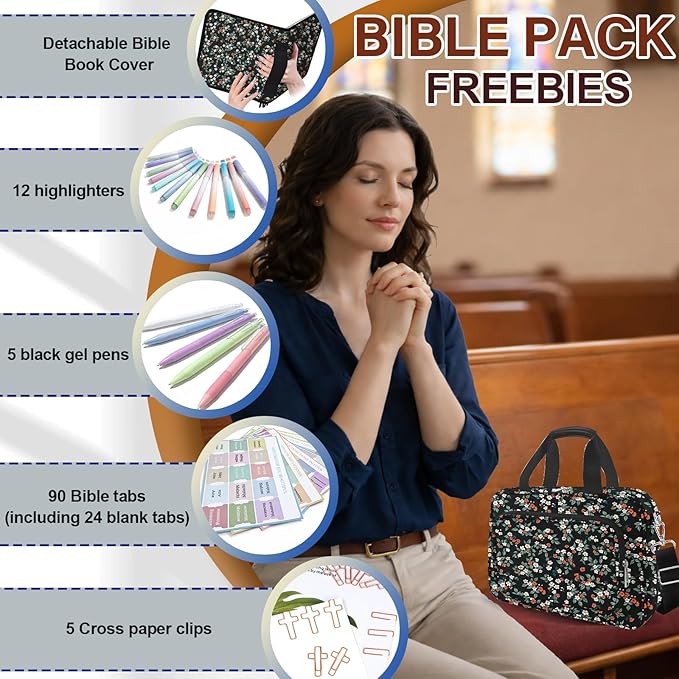 Large Bible Bags for Women Organizer with Bible Cover Case, Bible Cover with Shoulder Strap & Journaling Kit, Pens and Highlighters Cross Clip for Bible Study & Church, Gift for Mom - Flower