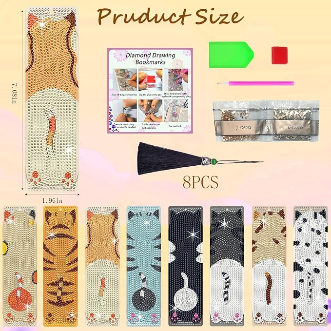 8PCS Diamond Painting Art Bookmarks,Cute Acrylic Bookmarks Crafts Kits Gifts with Pendants for Adult Women Book Lovers (cat2)