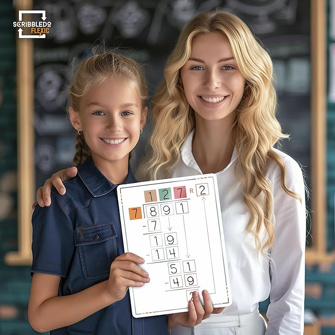 SCRIBBLEDO Division Math Practice 9”x12” Small White Board Dry Erase Sheets Math Manipulatives 3rd Grade Long Division Math Supplies Teacher Students Classroom Pack of 10 Sheets