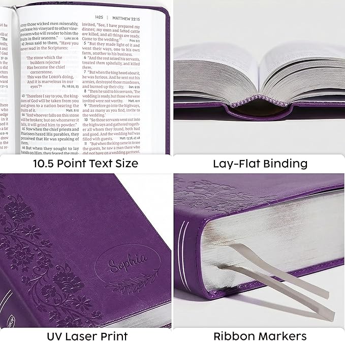 Personalized NKJV Reference Bible, Custom Name Text & Design, New King James Version, Large Print, Red Letter, Cross References, Faux Leather Purple, Baptism Confirmation Gift