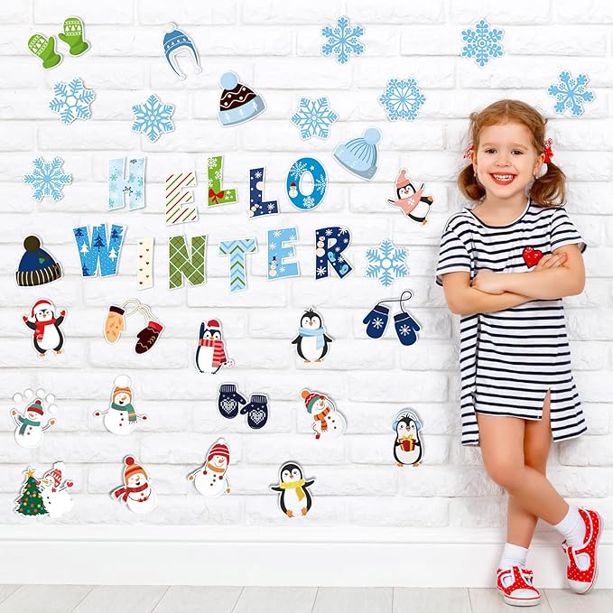 Marspark 68 Pieces Winter Classroom Decoration Christmas Bulletin Border Decoration Hello Winter Cutouts Snowman Penguin Snowflake Wall Decor for School Classroom Christmas Party