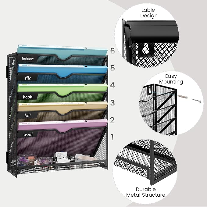 Hanging Wall File Organizer 6-Tier Wall Mount Mail Organizer & Desk Paper Organizer, Sleek Black Metal File Folder Holder for Office, Cubicle, Bedroom | All-in-One Document Storage Shelf