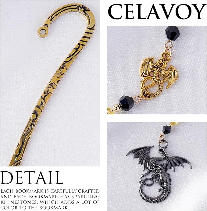 Fantasy Dragon Metal Bookmark - Vintage Fourth Wing Hook Book Marks Page Mark with Beaded Gold Black Dragons Charm for Men Students Teachers Reading Lovers Birthday Gifts School Accessories