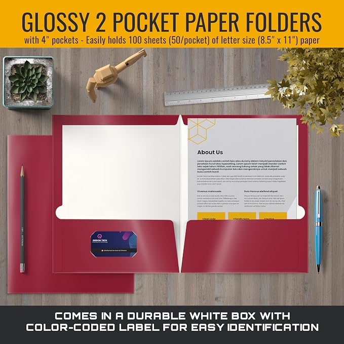 Better Office Products 2 Pocket Glossy Laminated Burgundy Red Paper Folders, Box of 25, Letter Size, Burgundy Red Paper Portfolios
