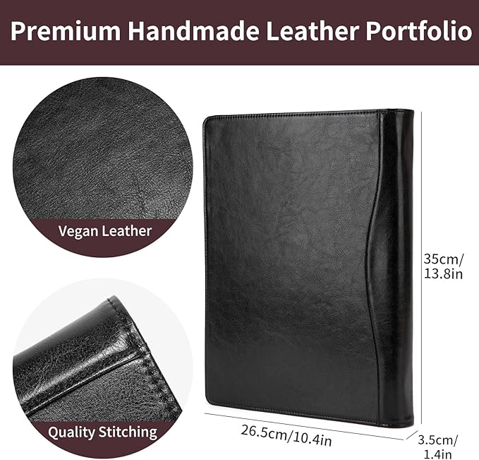 Vegan Leather 3 Ring Binder, 8.5 x 11 Letter Size Folio with Pen Holder, Soft Notebook Portfolio Cover, Slim Notepad Padfolio Thin File Organizer for Work Executive Meeting, Black