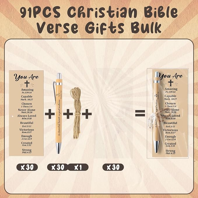 Haooryx Christian Bible Pen Bookmark - 30-Piece Christian Bible Verse Bamboo Inspirational Pens Bookmark Set You are Amazing Scripture Biblical Bookmark Church Multi-Item Party Favor Packs Gifts Bulk