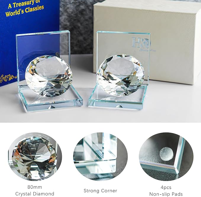1 Pair Crystal Bookends with 80mm Clear Diamond, L Shaped Heavy Duty Book End for Shelves Non Skid Bookends Book Stopper, 4inch