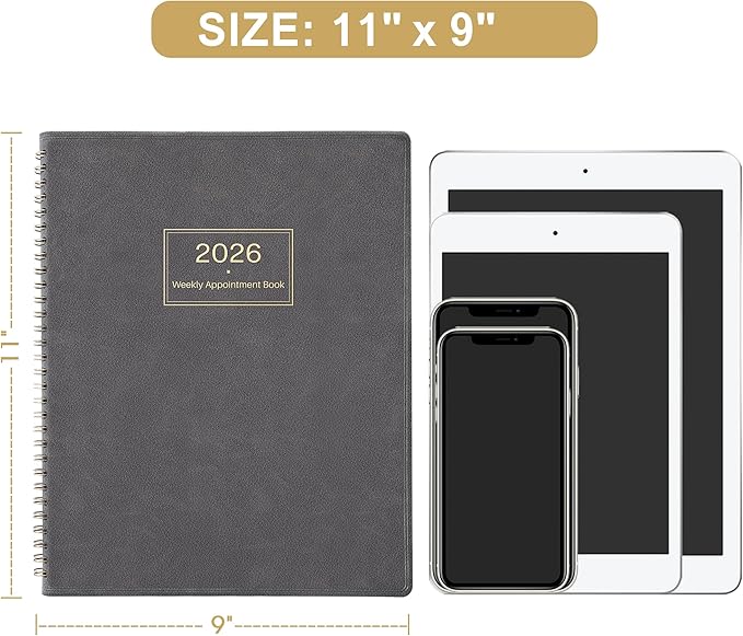 2026 Appointment Book & Planner - 2026 Daily Hourly Planner, JAN 2026 - DEC 2026, 9" x 11", 2026 Planners, 2026 Weekly Appointment Book with 15-Minute Interval, To Do List, Colorful Tabs, Leather Cover - Grey