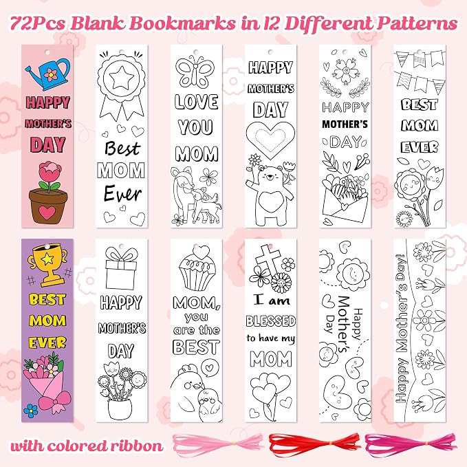 BWkoss Mother's Day Color Your Own Bookmarks for Kids -75Pcs Happy Mother's Day DIY Coloring Bulk Blank Bookmark Classroom Art Craft Supplies for Student Mother's Day Holiday Party Goodie Fillers